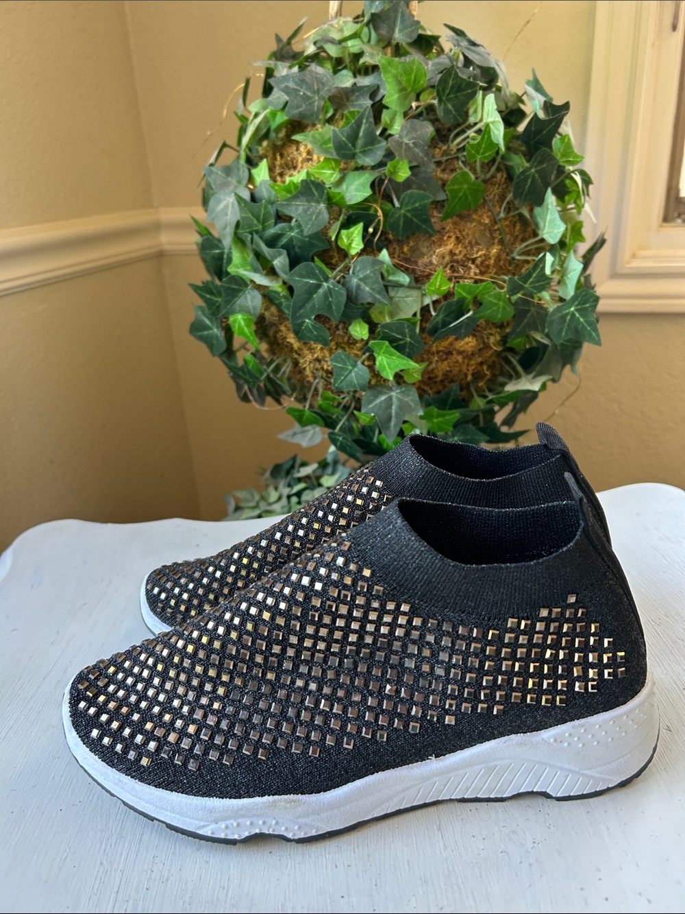 Atalina Black Slip-On Mesh Sneakers Featuring Sparkly Rhinestone with White Sole - Picture 4 of 11